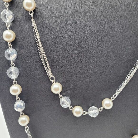 Express Layered Princess Matinee Necklace Silver Faux Pearl Crystal Multi Chain - Picture 10 of 10